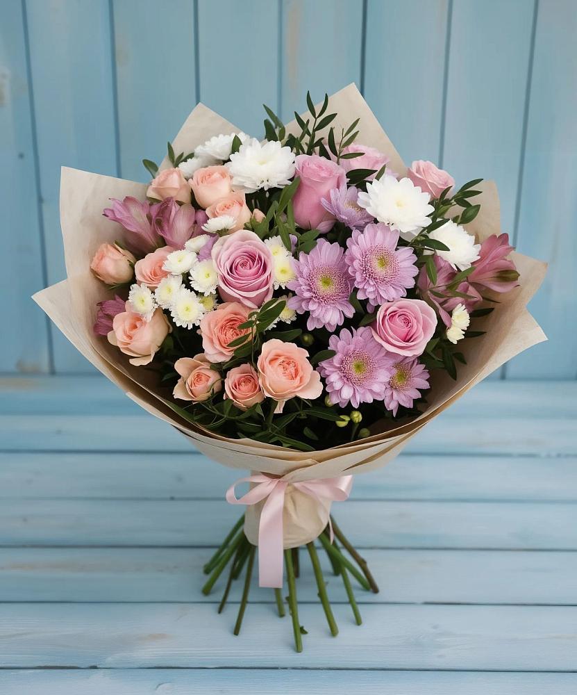 Букет цветов из: Хризантемы, Розы и Альстромерии в Павлово Ленинградской области