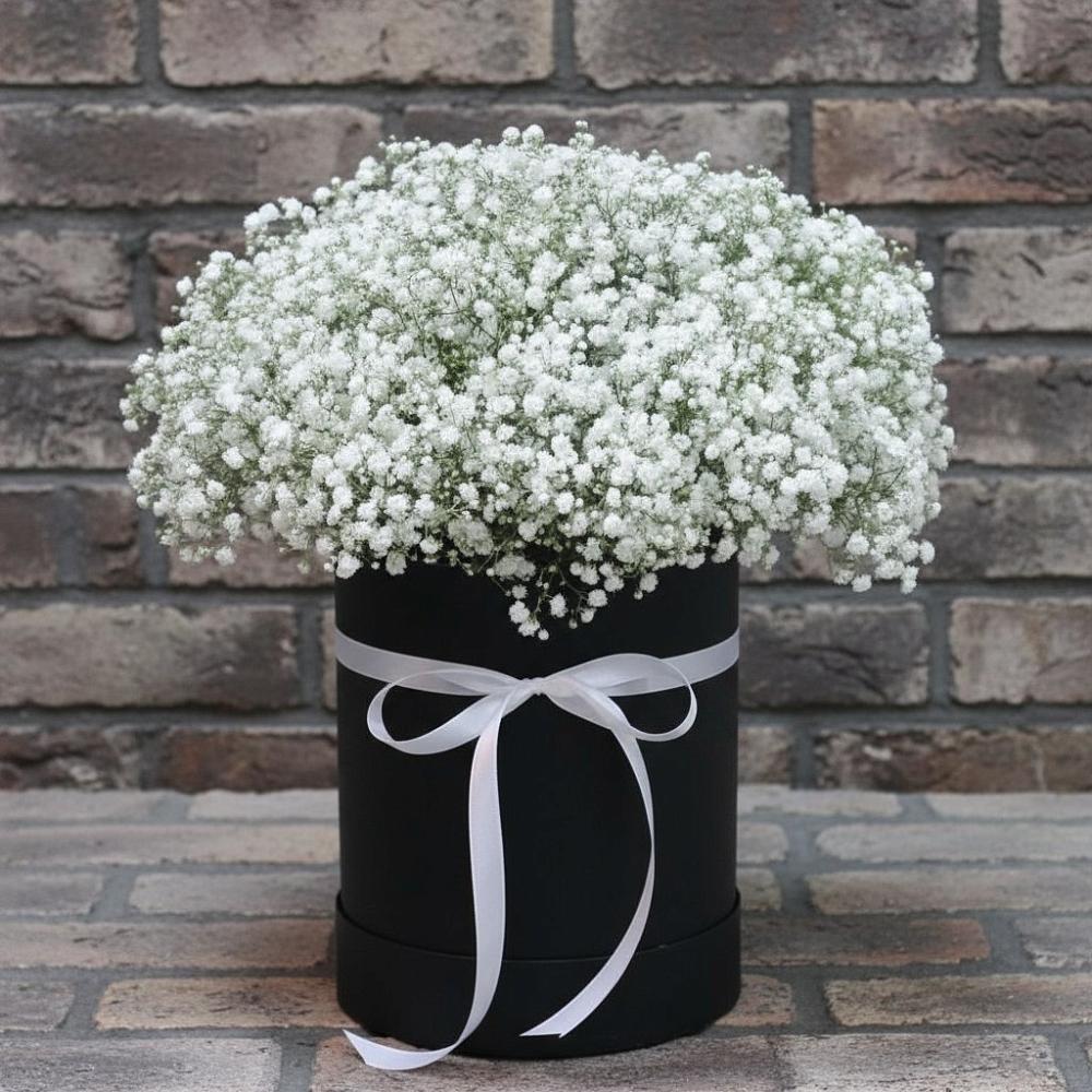 Цветочная композиция из Гипсофила в шляпной коробке в Павлово Ленинградской области