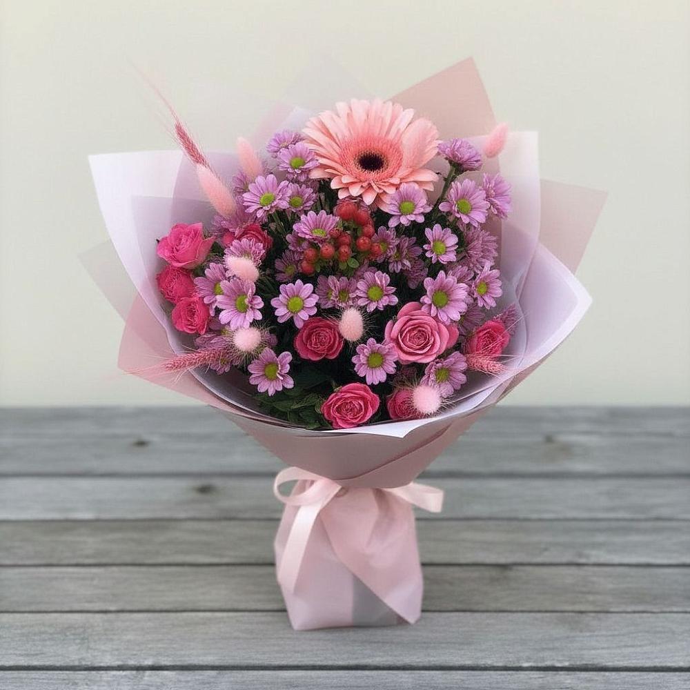 Букет цветов из: Розы, Герберы и Хризантемы в Павлово Ленинградской области