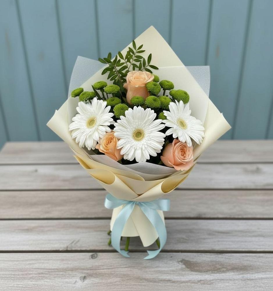 Букет цветов из: Герберы, Розы и Хризантемы в Павлово Ленинградской области