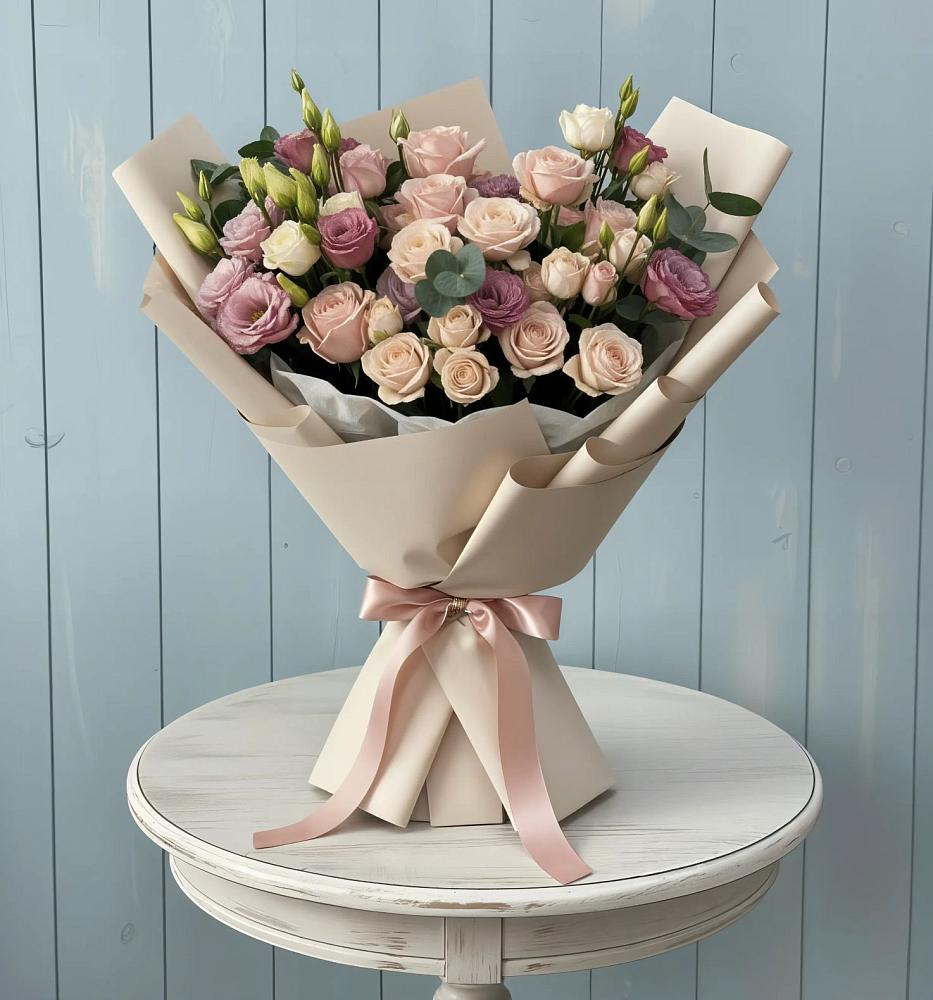 Букет цветов из: Розы и Лизиантусы в Павлово Ленинградской области