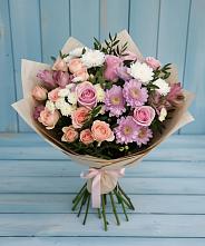 Букет цветов из:  Хризантемы, Розы и Альстромерии в Павлово Ленинградской области