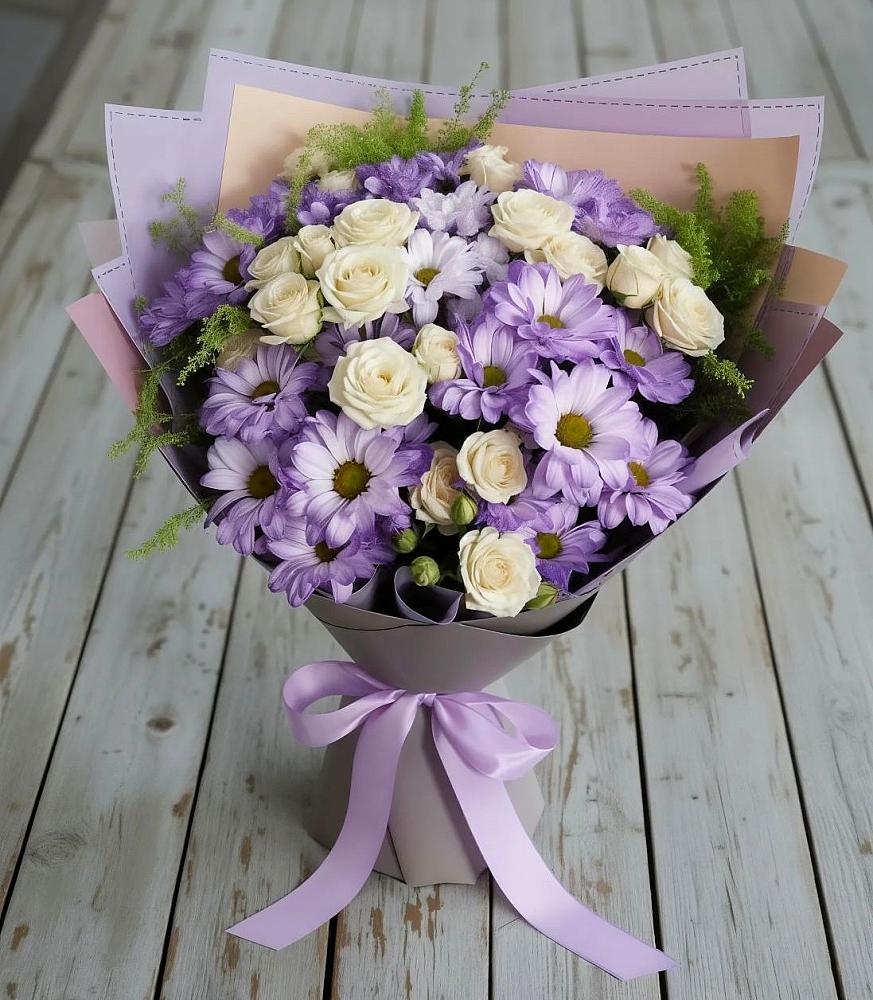 Букет цветов из: Хризантемы и Розы в Павлово Ленинградской области