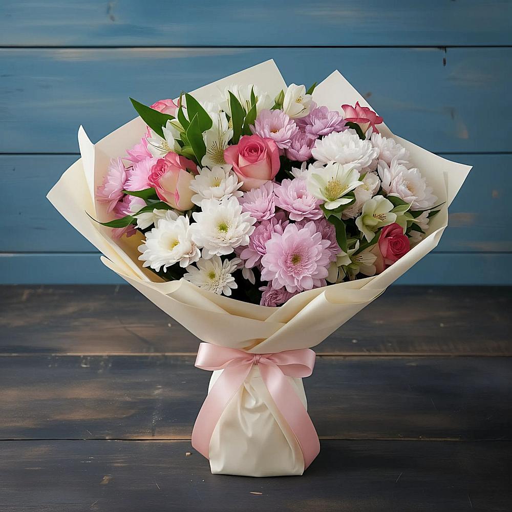 Букет цветов из: Хризантемы, Альстромерии и Розы в Павлово Ленинградской области